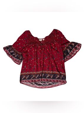Boho Burgundy Floral Border-Trim Peasant Top
